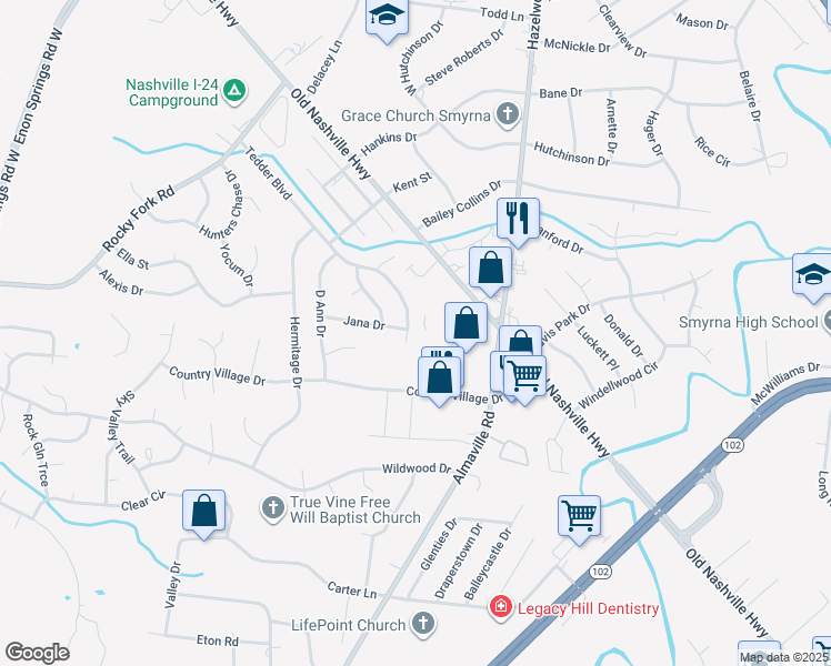 map of restaurants, bars, coffee shops, grocery stores, and more near 161 Tedder Boulevard in Smyrna