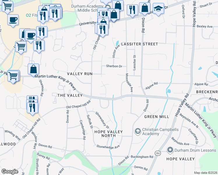map of restaurants, bars, coffee shops, grocery stores, and more near 10 Silverbush Court in Durham
