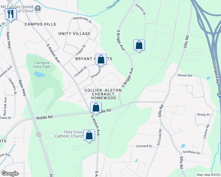 map of restaurants, bars, coffee shops, grocery stores, and more near 1900 Collier Road in Durham