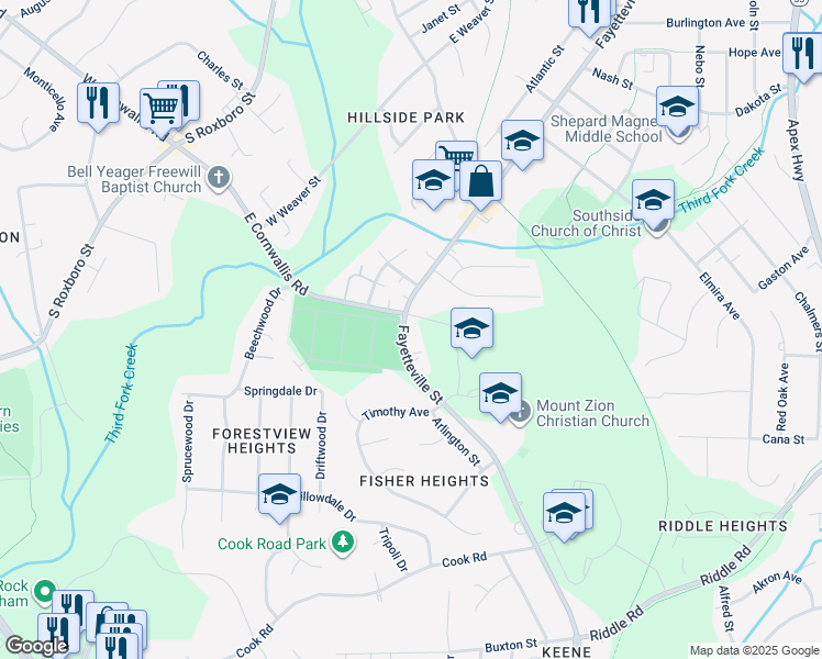 map of restaurants, bars, coffee shops, grocery stores, and more near 3305 Fayetteville Street in Durham