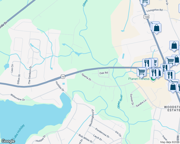 map of restaurants, bars, coffee shops, grocery stores, and more near 164 Oak Road in Crossville