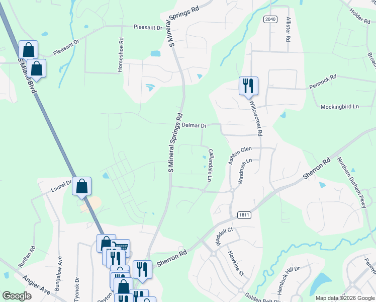 map of restaurants, bars, coffee shops, grocery stores, and more near 4 Lantern View Lane in Durham