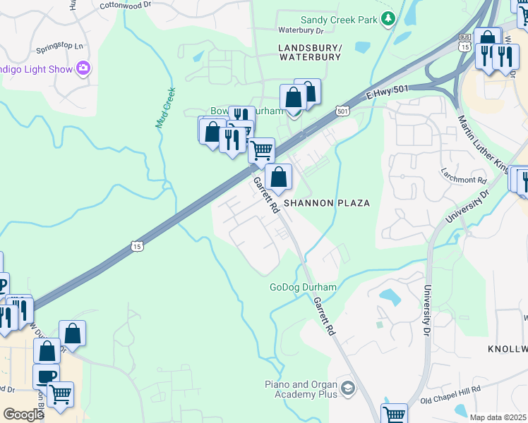 map of restaurants, bars, coffee shops, grocery stores, and more near 4226 Garrett Road in Durham