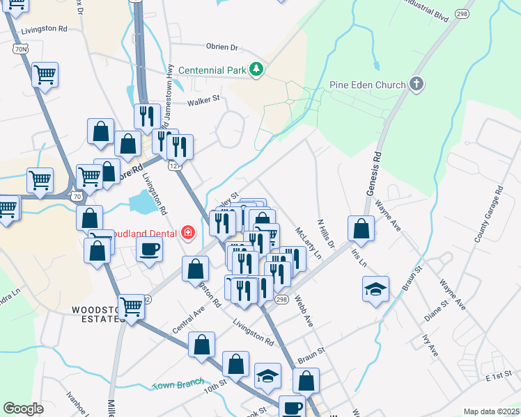 map of restaurants, bars, coffee shops, grocery stores, and more near 134 East Center Town Drive in Crossville
