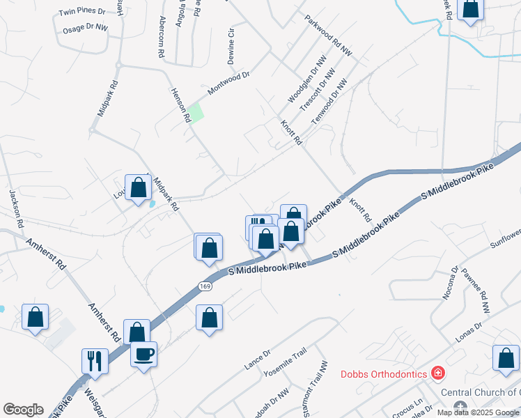 map of restaurants, bars, coffee shops, grocery stores, and more near 3200 Henson Road in Knoxville