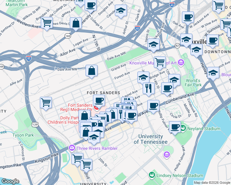 map of restaurants, bars, coffee shops, grocery stores, and more near 1702 Highland Avenue in Knoxville