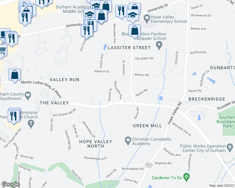 map of restaurants, bars, coffee shops, grocery stores, and more near 3518 Mossdale Avenue in Durham