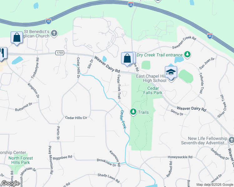 map of restaurants, bars, coffee shops, grocery stores, and more near 905 Cedar Fork Trail in Chapel Hill