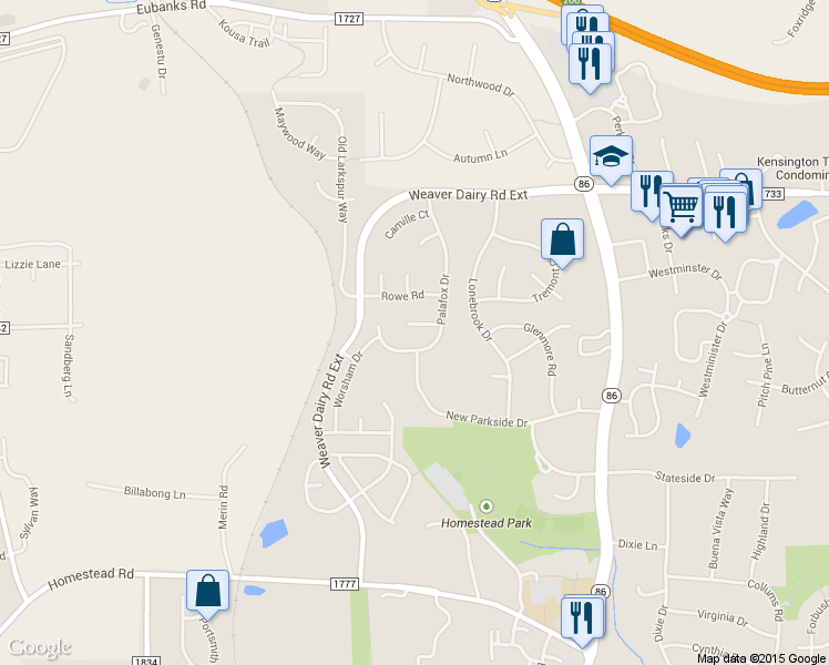 map of restaurants, bars, coffee shops, grocery stores, and more near 105 Maddry Court in Chapel Hill