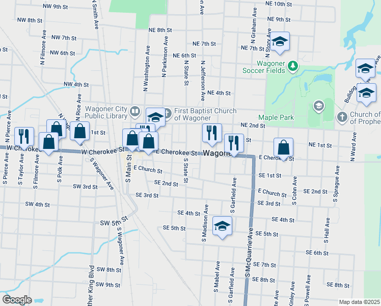 map of restaurants, bars, coffee shops, grocery stores, and more near 509 East Cherokee Street in Wagoner