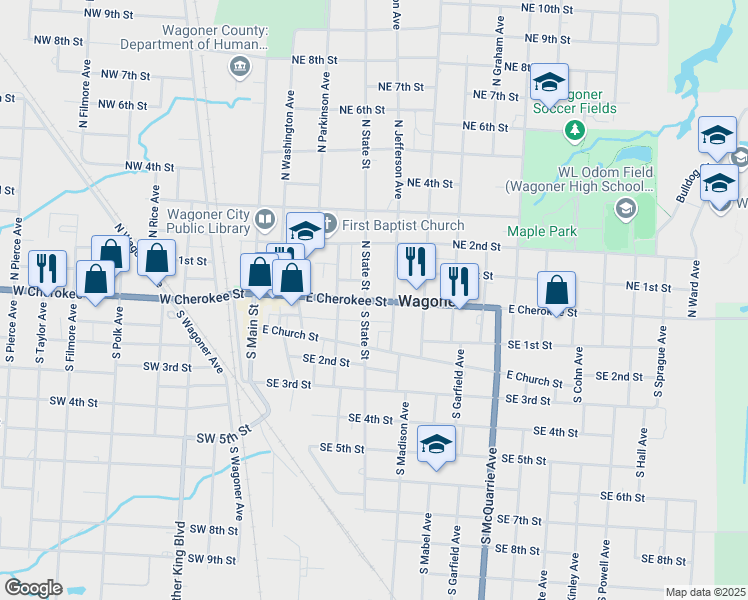 map of restaurants, bars, coffee shops, grocery stores, and more near 509 East Cherokee Street in Wagoner