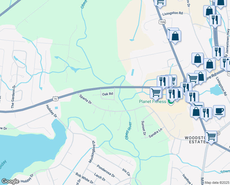 map of restaurants, bars, coffee shops, grocery stores, and more near 37 River Lane in Crossville