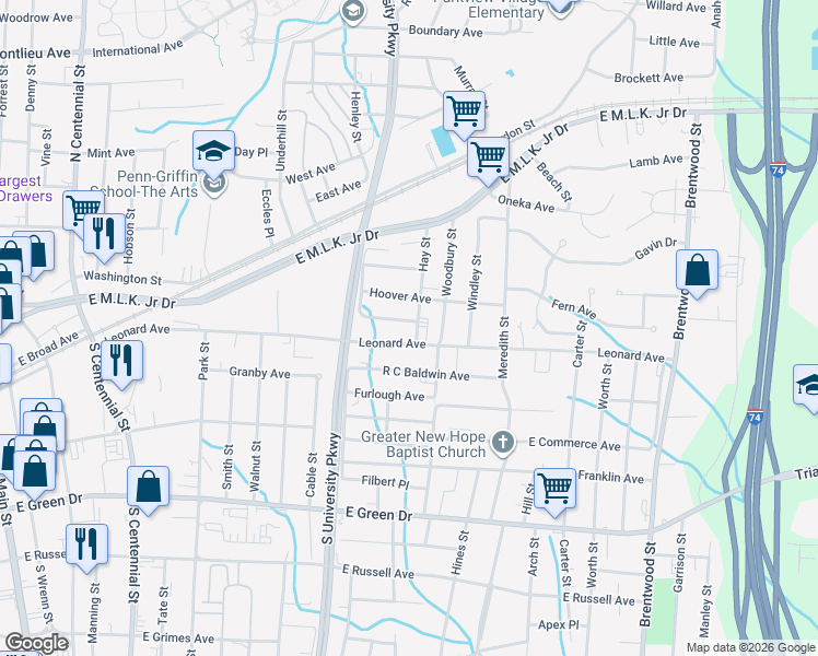 map of restaurants, bars, coffee shops, grocery stores, and more near 1224 Pearson Place in High Point