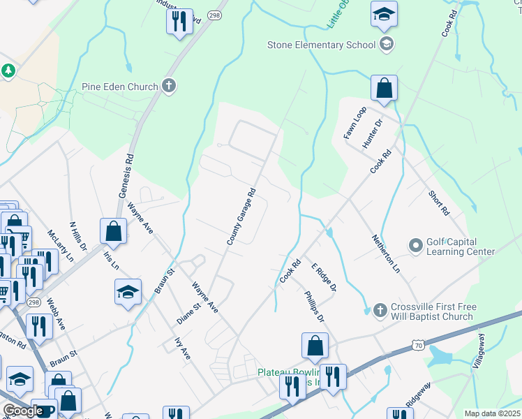 map of restaurants, bars, coffee shops, grocery stores, and more near 187 Panther Valley Road in Crossville