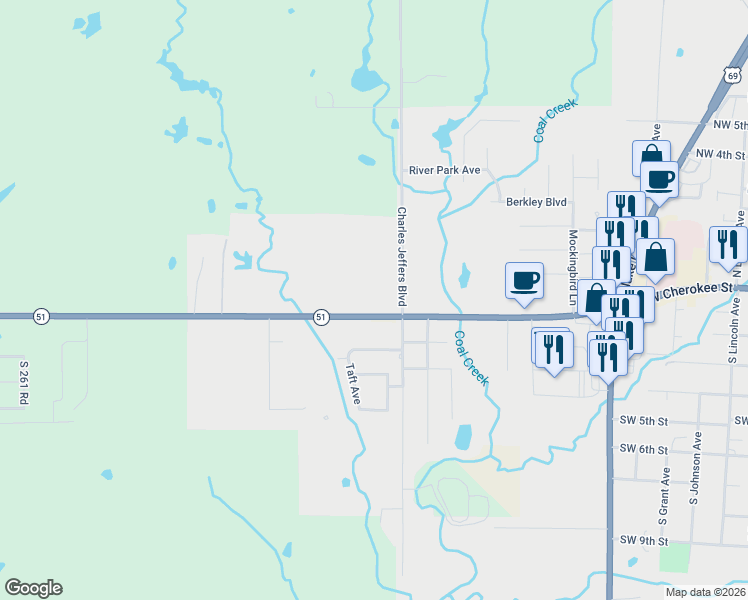 map of restaurants, bars, coffee shops, grocery stores, and more near 2210 Oklahoma 51 in Wagoner