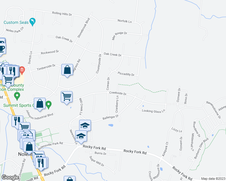 map of restaurants, bars, coffee shops, grocery stores, and more near 1247 Creekside Drive in Nolensville