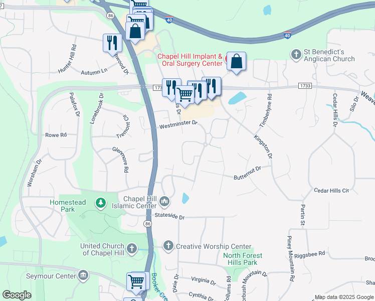 map of restaurants, bars, coffee shops, grocery stores, and more near 828 Saluda Court in Chapel Hill