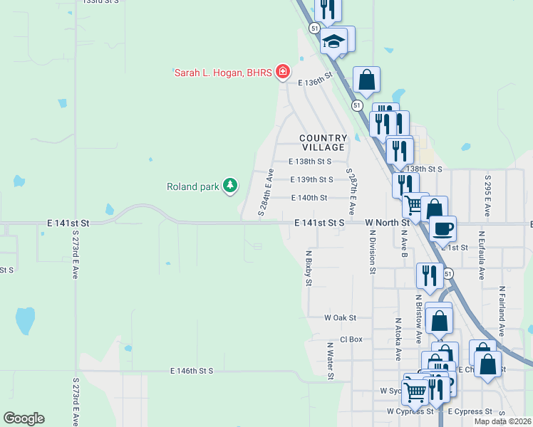 map of restaurants, bars, coffee shops, grocery stores, and more near 14061 South 284th East Avenue in Coweta