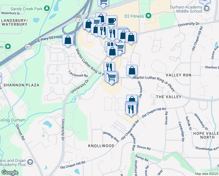 map of restaurants, bars, coffee shops, grocery stores, and more near 1817 Martin Luther King Junior Parkway in Durham