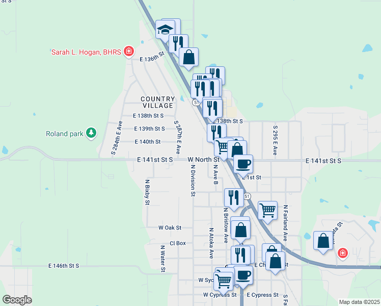 map of restaurants, bars, coffee shops, grocery stores, and more near 28877 East 141st Street South in Coweta