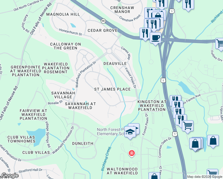 map of restaurants, bars, coffee shops, grocery stores, and more near 12028 Jasmine Cove Way in Raleigh