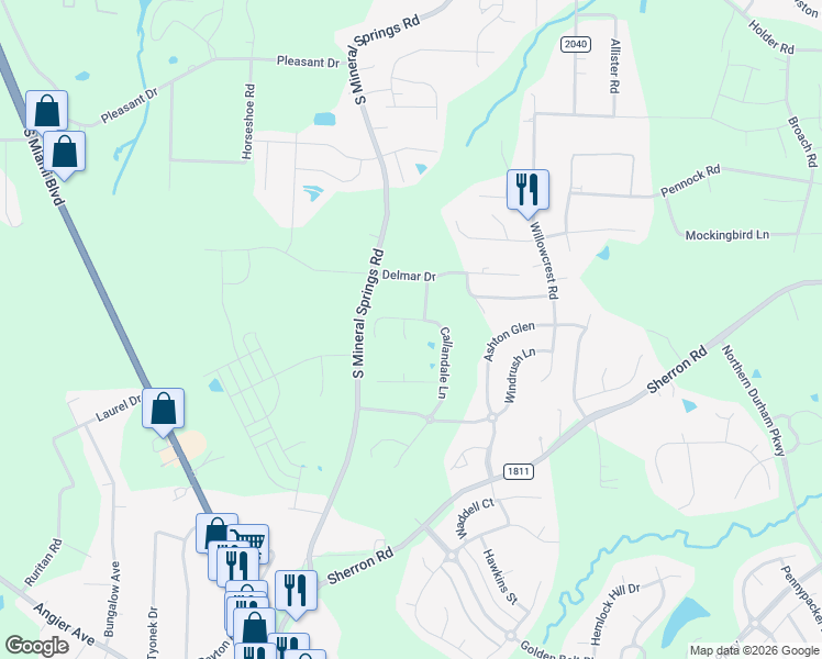 map of restaurants, bars, coffee shops, grocery stores, and more near 4 Lantern View Lane in Durham