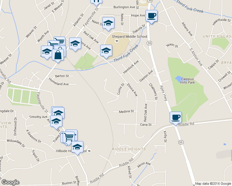 map of restaurants, bars, coffee shops, grocery stores, and more near 2224 Curtis Street in Durham