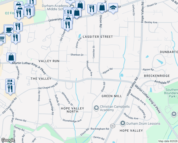 map of restaurants, bars, coffee shops, grocery stores, and more near 3518 Mossdale Avenue in Durham