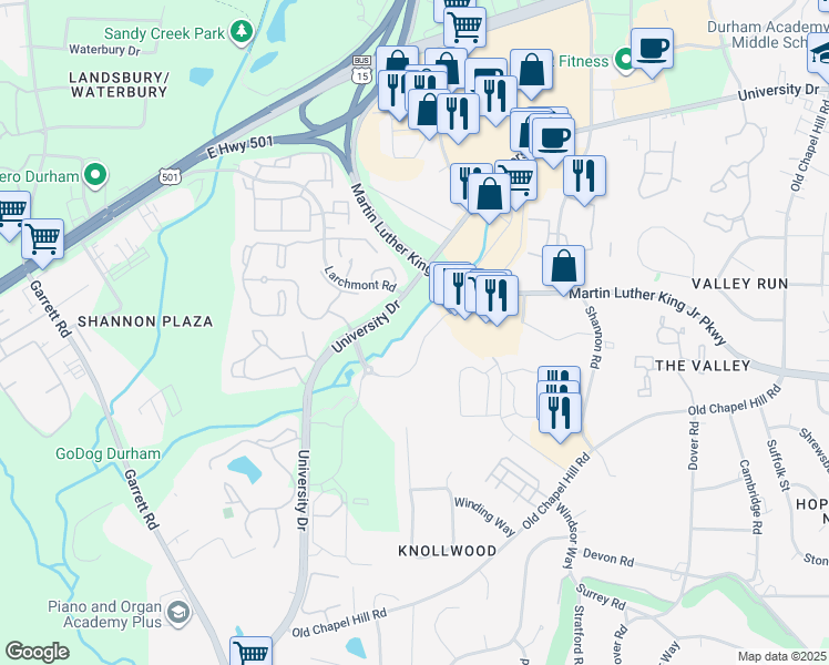 map of restaurants, bars, coffee shops, grocery stores, and more near 1920 Ivy Creek Boulevard in Durham