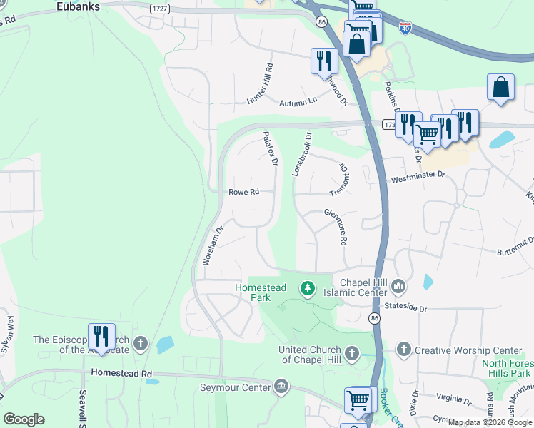 map of restaurants, bars, coffee shops, grocery stores, and more near 105 Maddry Court in Chapel Hill