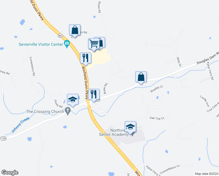 map of restaurants, bars, coffee shops, grocery stores, and more near 2916 Bryan Road in Kodak