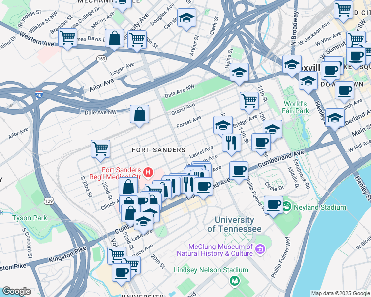 map of restaurants, bars, coffee shops, grocery stores, and more near 316 North 17th Street in Knoxville