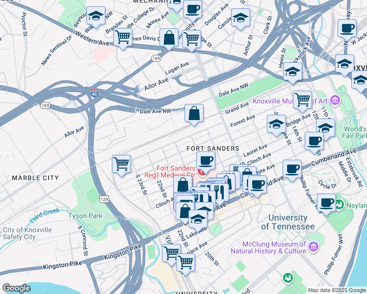 map of restaurants, bars, coffee shops, grocery stores, and more near 1915 Forest Avenue in Knoxville
