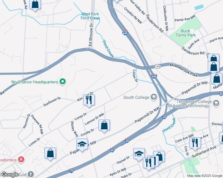 map of restaurants, bars, coffee shops, grocery stores, and more near 1725 Kim Watt Drive in Knoxville