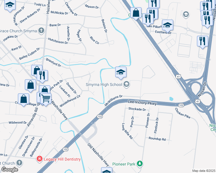 map of restaurants, bars, coffee shops, grocery stores, and more near 321 Stewarts Landing Circle in Smyrna