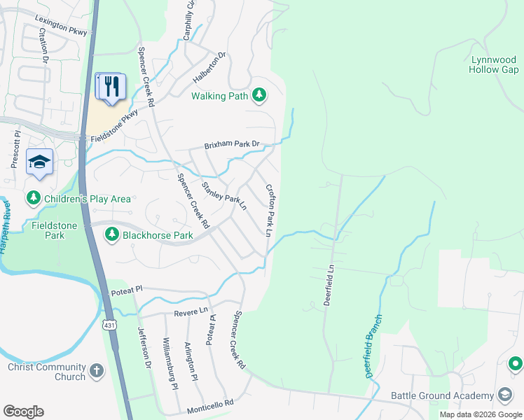 map of restaurants, bars, coffee shops, grocery stores, and more near 425 Chamberlain Park Lane in Franklin
