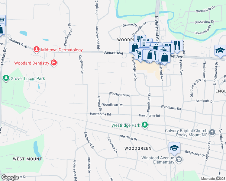 map of restaurants, bars, coffee shops, grocery stores, and more near 3808 Winchester Road in Rocky Mount