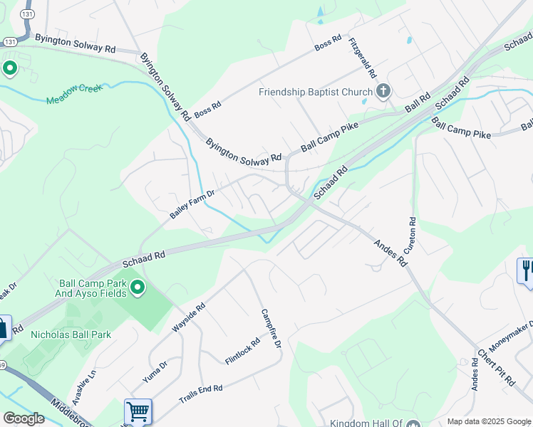 map of restaurants, bars, coffee shops, grocery stores, and more near 2201 Bright Oak Way in Knoxville