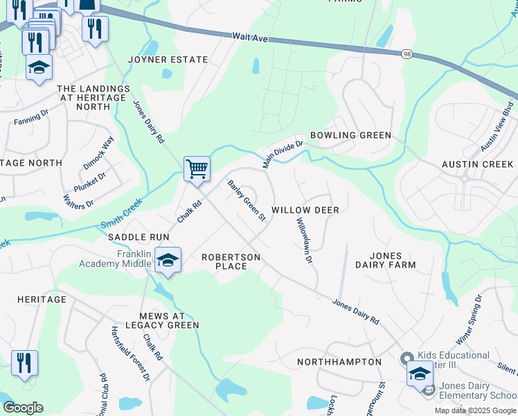 map of restaurants, bars, coffee shops, grocery stores, and more near 1545 Green Edge Trail in Wake Forest