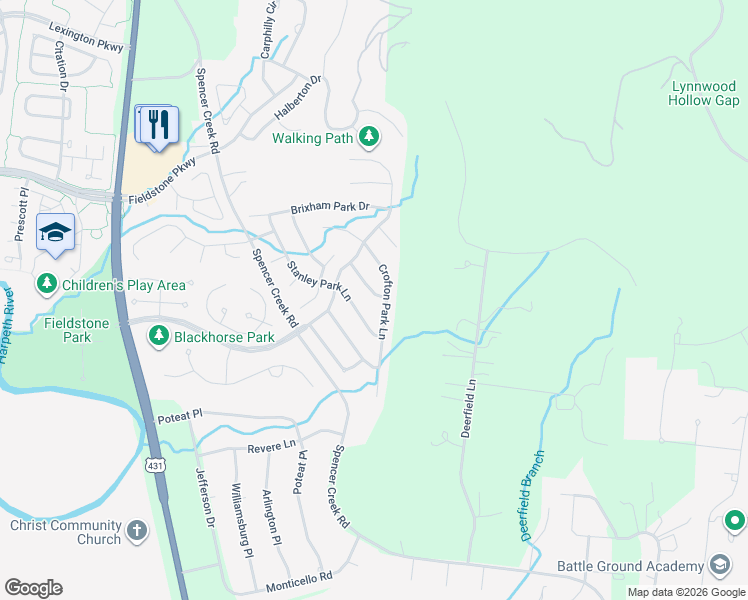 map of restaurants, bars, coffee shops, grocery stores, and more near 425 Chamberlain Park Lane in Franklin