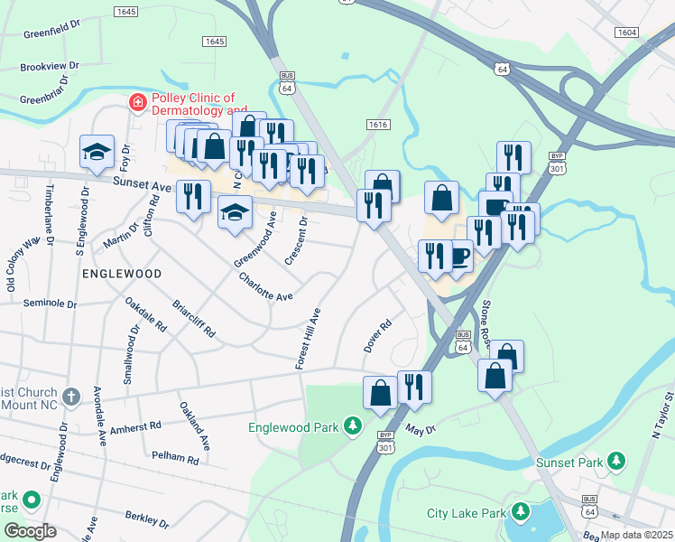 map of restaurants, bars, coffee shops, grocery stores, and more near 220 Forest Hill Avenue in Rocky Mount