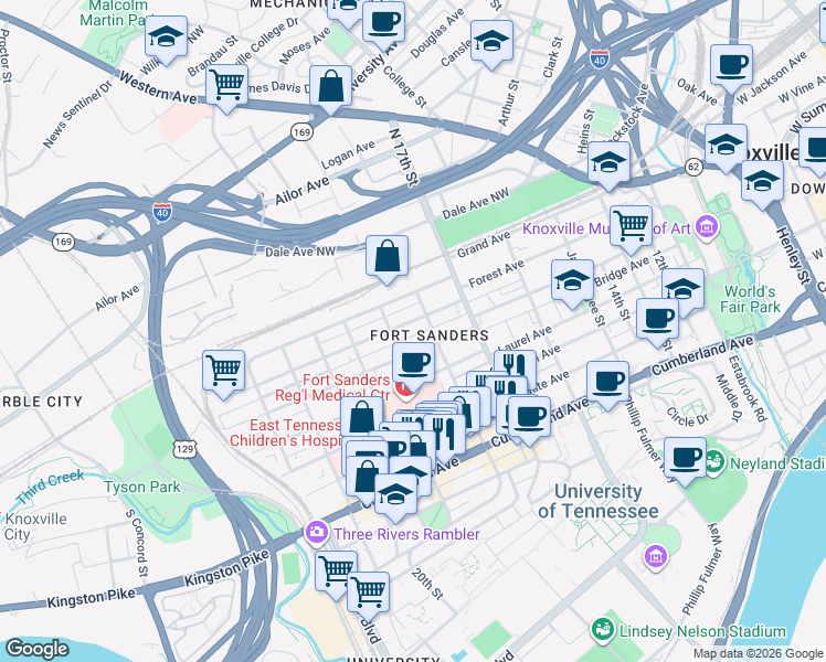 map of restaurants, bars, coffee shops, grocery stores, and more near 200 19th Street in Knoxville