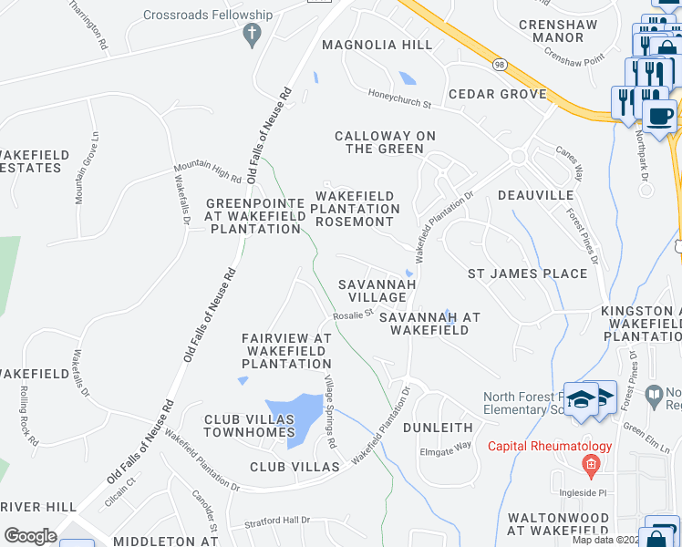 map of restaurants, bars, coffee shops, grocery stores, and more near 2601 Vela Court in Raleigh