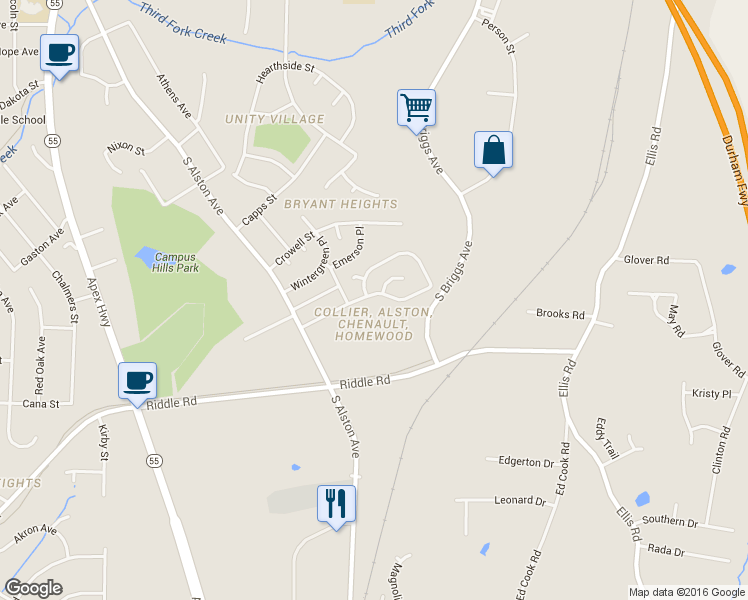 map of restaurants, bars, coffee shops, grocery stores, and more near 1816 Collier Drive in Durham