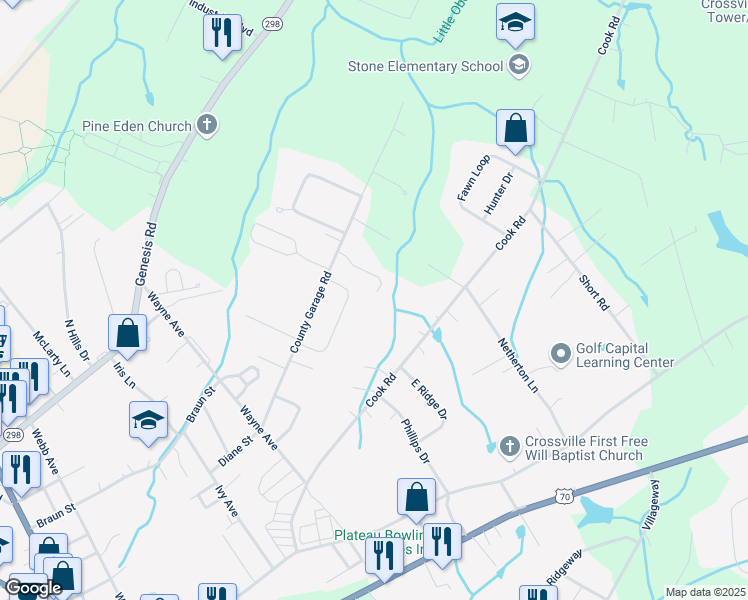 map of restaurants, bars, coffee shops, grocery stores, and more near 196 Rusty Blue Dr in Crossville