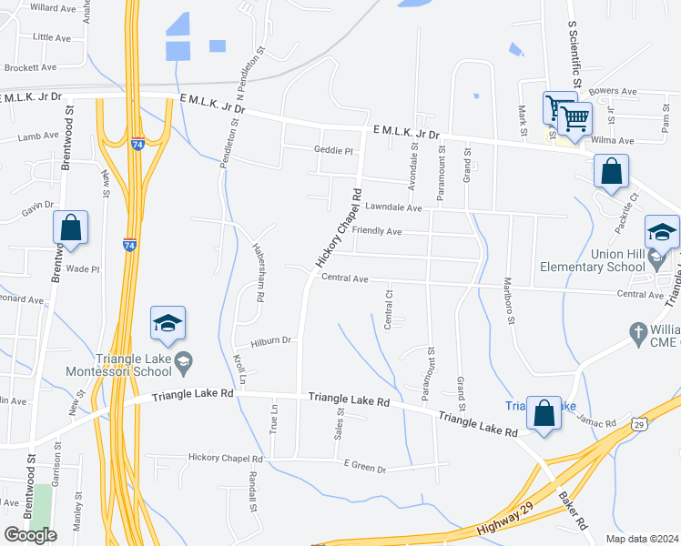 map of restaurants, bars, coffee shops, grocery stores, and more near 2715 Central Avenue in High Point