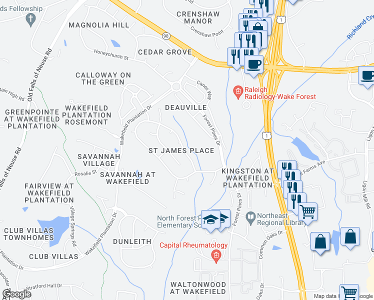 map of restaurants, bars, coffee shops, grocery stores, and more near 12443 Pawleys Mill Circle in Raleigh