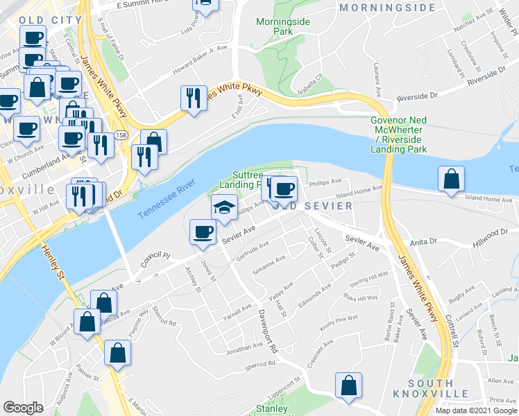 map of restaurants, bars, coffee shops, grocery stores, and more near 806 Phillips Avenue in Knoxville