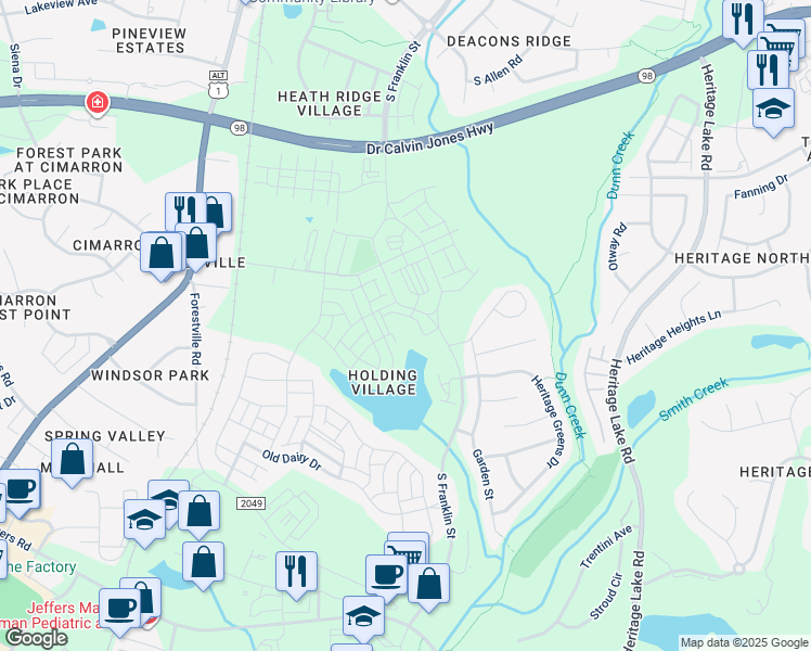 map of restaurants, bars, coffee shops, grocery stores, and more near 1000 Lakeside Terrace Court in Wake Forest