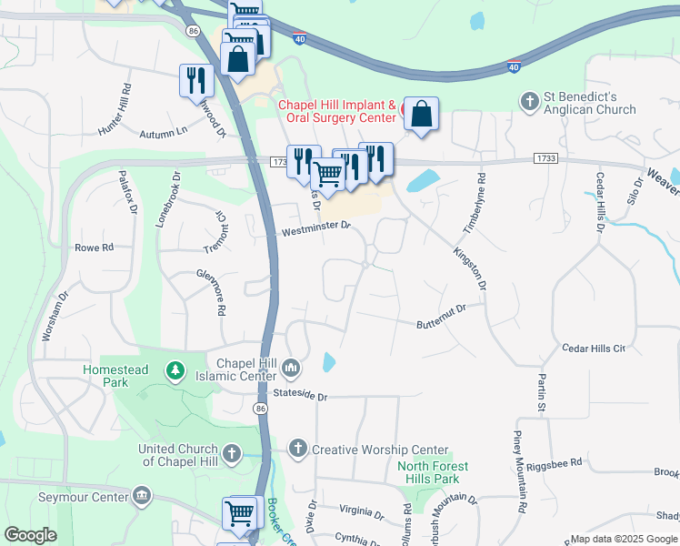 map of restaurants, bars, coffee shops, grocery stores, and more near 100 Saluda Court in Chapel Hill